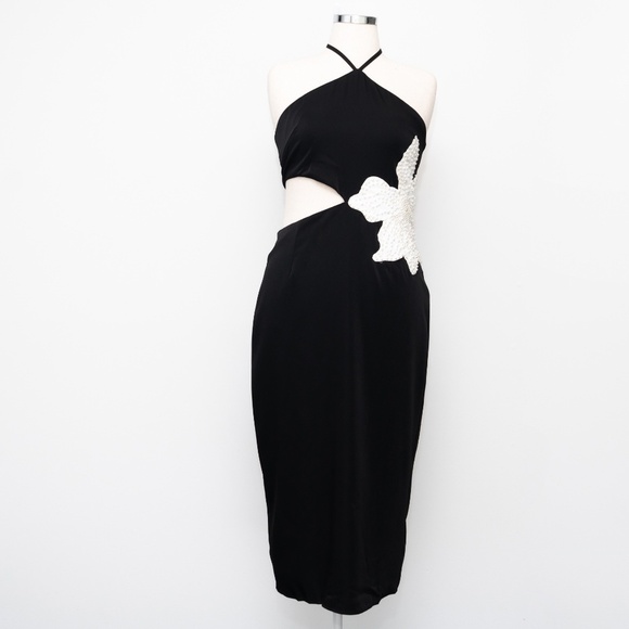 Avec Les Filles - Floral Applique Cutout Halter Midi Dress - Picture 13 of 13